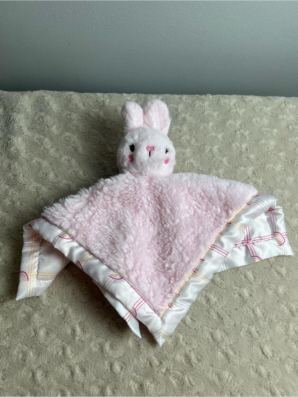 Parent's Choice Pink Bunny Rabbit Lovey Security Blanket Rainbow White Yellow